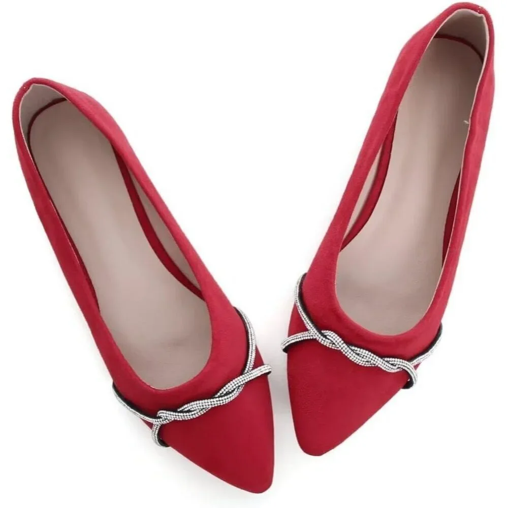 Women's Red Casual Flats Fashion Chain Pointed Toe Ballet Flat Rhinestone